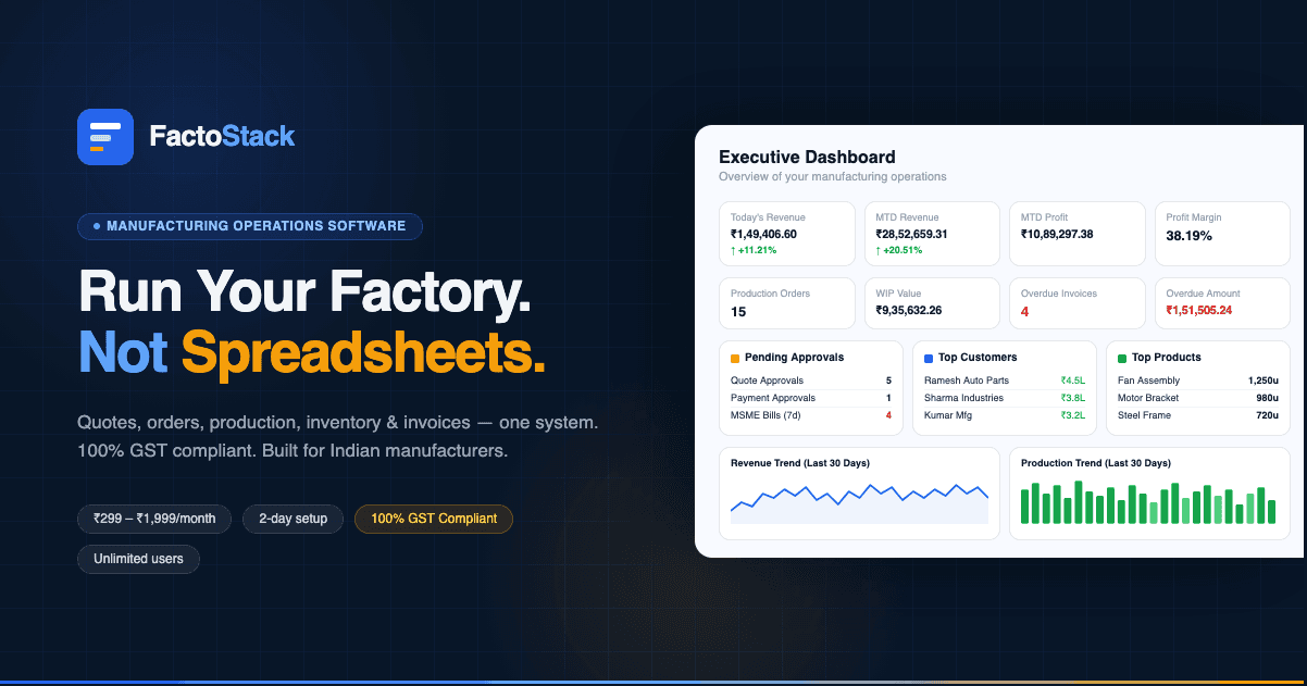 FactoStack Marketing Website interface screenshot